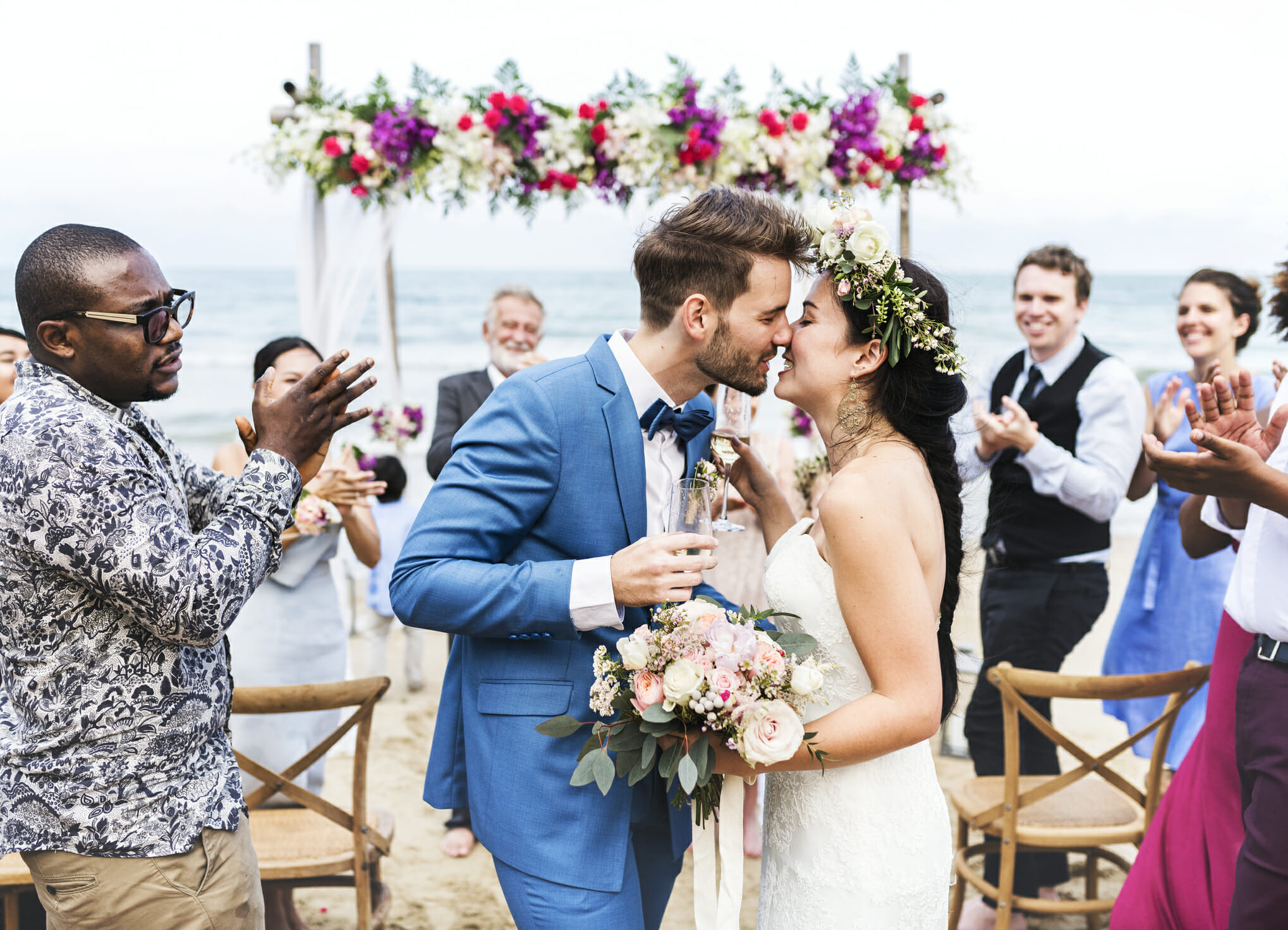 Couple kissing at a destination wedding