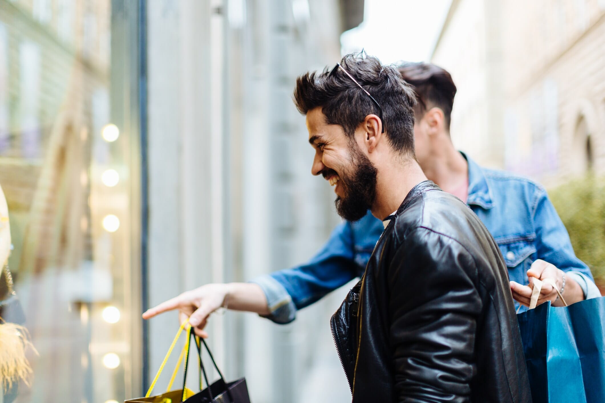 happy men shopping with 0 percent interest credit cards
