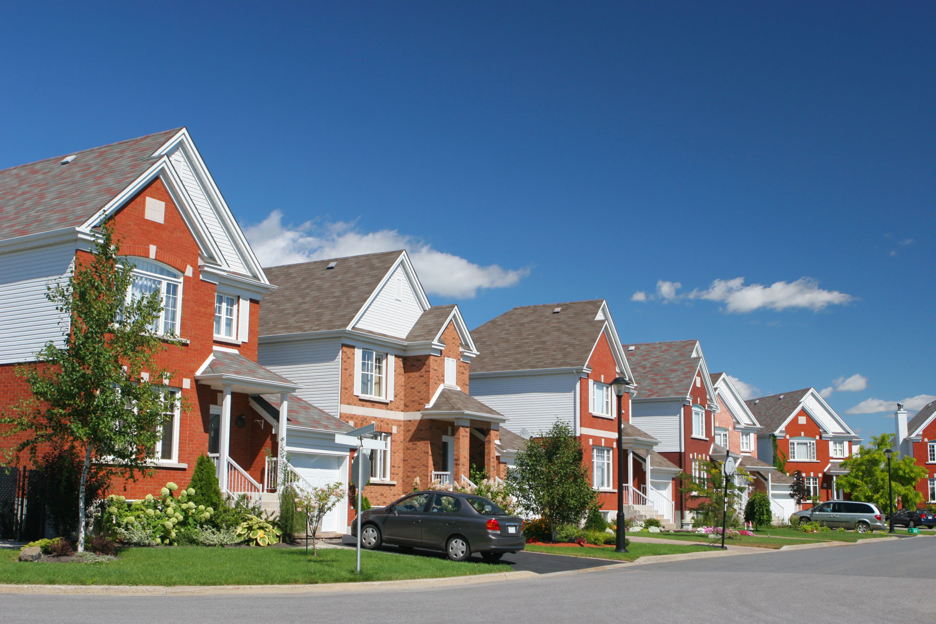 A modern brick home neighborhood