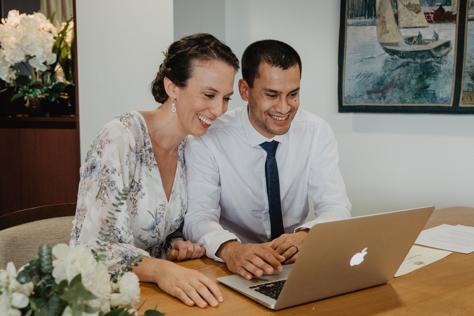 Couple getting married in a virtual wedding during the coronavirus pandemic